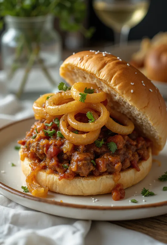 Sloppy Joe s puno luka serviran