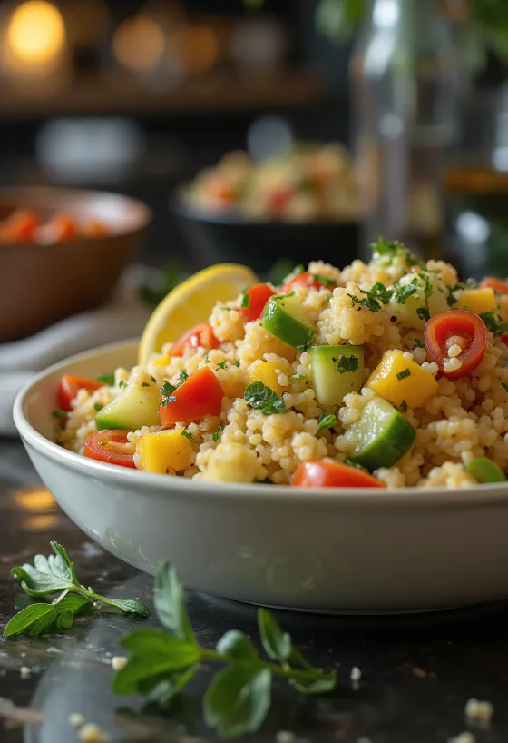 Svježa kus-kus salata poslužena sa šarenim povrćem i začinskim biljem.