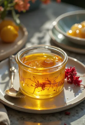 Ghee aromatiziran šafranom u staklenci, zlatne boje, sjajne površine