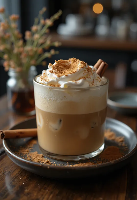 Frappé s cimetom i mentom ukrašen šlagom, štapićem cimeta i listovima mente