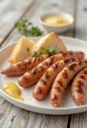 Zlatno-smeđe pečena hrenovka s hrskavom koricom, poslužena sa senfom i svježim kruhom.