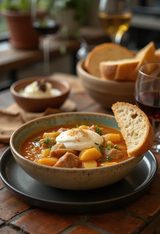 Tradicionalni sekeli gulaš sa sočnom svinjetinom i kiselim kupusom, poslužen s kiselim vrhnjem.