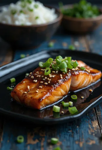 Teriyaki losos poslužen sa sezamom i mladim lukom