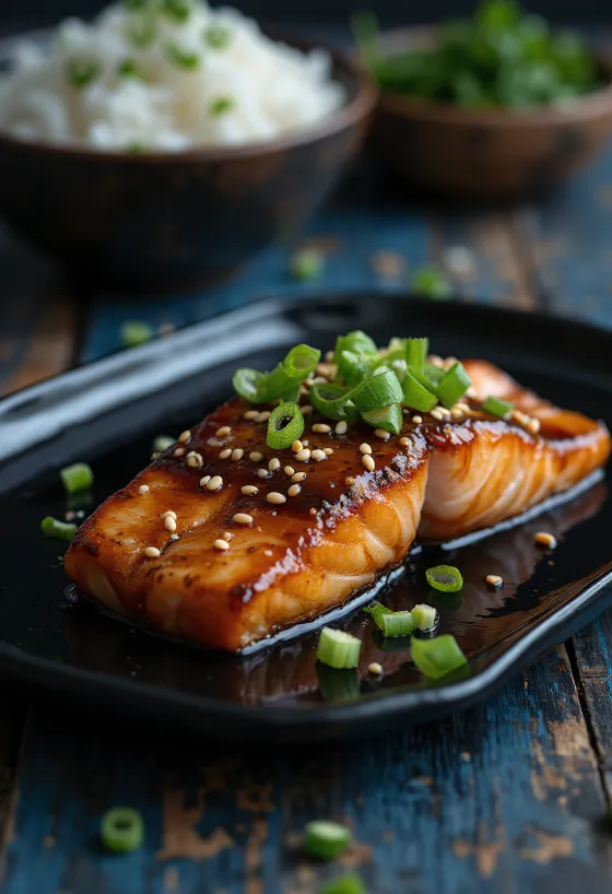 Teriyaki losos poslužen sa sezamom i mladim lukom