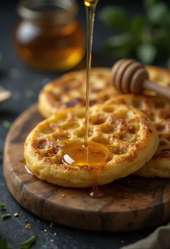 Crumpet s medom, zlatnosmeđi, mekani kolačići