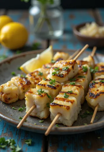 Grilano meso aligatora posluženo s limunom i grilanim povrćem