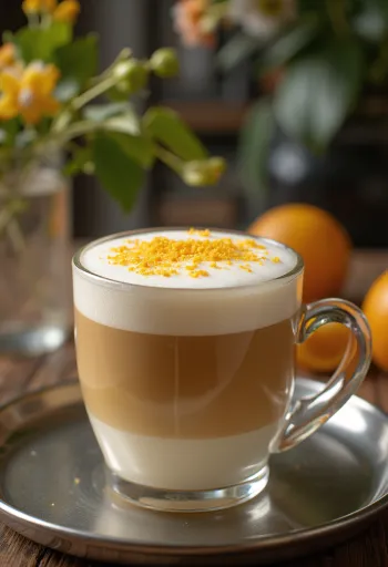Latte s narančom i vanilijom ukrašen šlagom i kriškom naranče