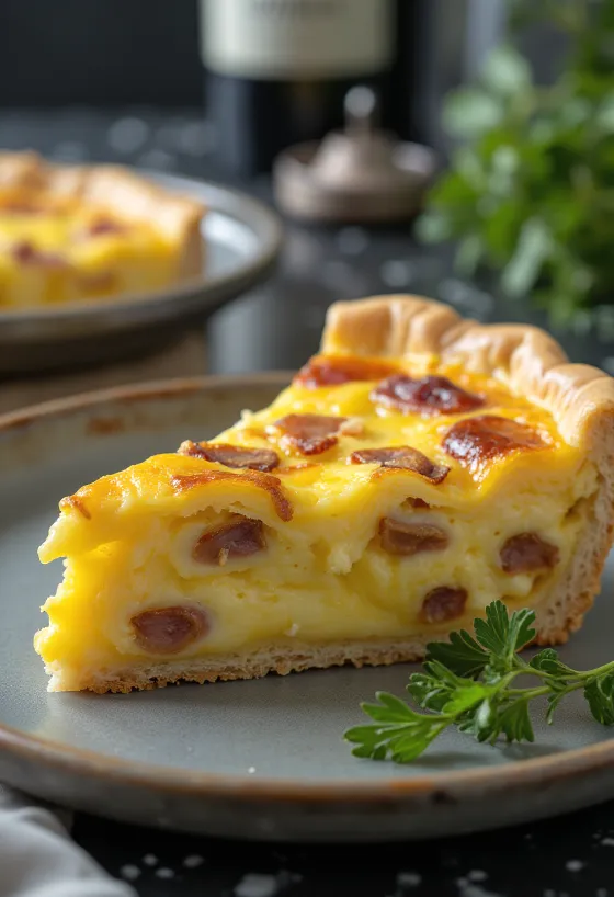 Klasični Quiche Lorraine, u hrskavom prhkom tijestu s kremastim nadjevom, komadićima slanine i sirom.