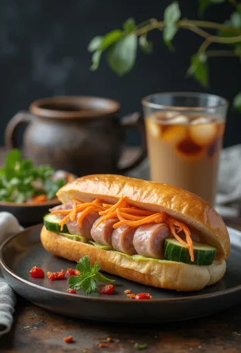 Bánh Mì Chả Lụa vijetnamski sendvič s kobasicom serviran sa svježim povrćem i korijanderom.