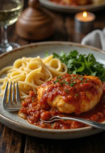 Cacciatore s bezglutenskom tjesteninom, pilećim zabatkom, poslužen s umakom od rajčice i maslinama