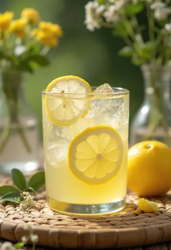 Cider s limunom i bazgom ukrašen kriškom limuna i cvijetom bazge