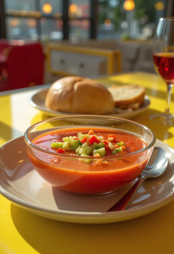 Svježi gazpacho poslužen ledeno hladan, ukrašen sitno sjeckanim povrćem