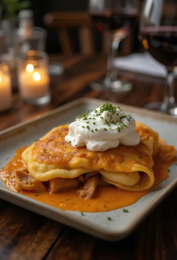 Mesne palačinke na hortobágyi način servirane s kiselim vrhnjem i svježim peršinom.