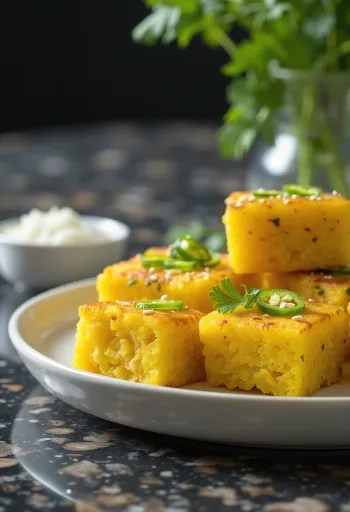 Khaman Instant Dhokla poslužena sa začinjenim uljem i korijanderom