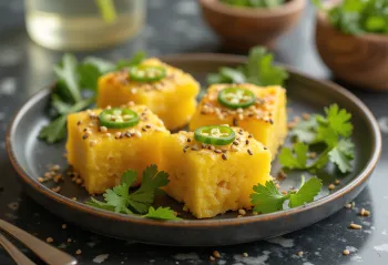 Khaman Instant Dhokla poslužena sa začinjenim uljem i korijanderom