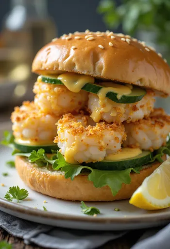 Svježe pripremljen hamburger od račića s peršinom i limunom