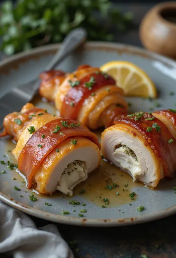 Pileća prsa omotana slaninom poslužena s pirjanim povrćem