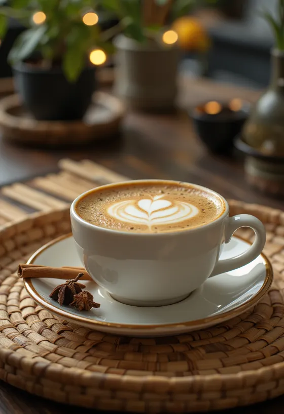 Latte s cimetom i klinčićem ukrašen štapićem cimeta i šlagom