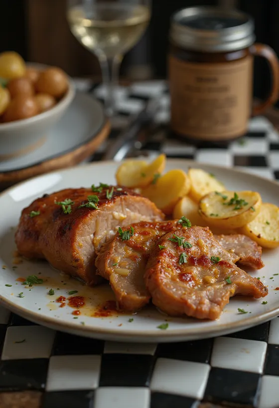 Svinjski vrat s češnjakom pečen do hrskavosti, poslužen sa svježim začinskim biljem