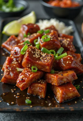 Gochujang galbi, korejska govedina ukrašena mladim lukom i sjemenkama sezama