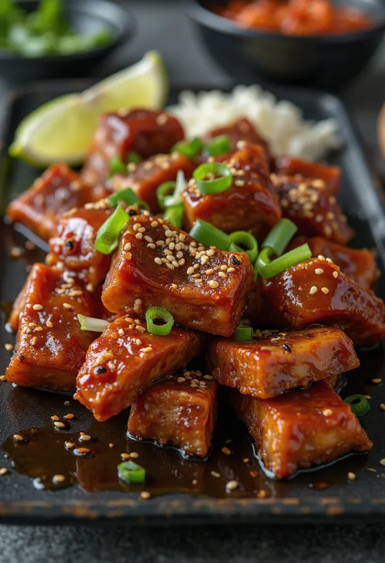 Gochujang galbi, korejska govedina ukrašena mladim lukom i sjemenkama sezama