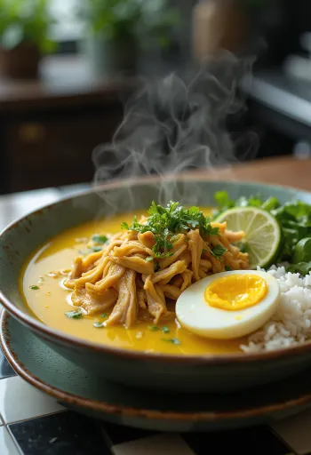 Soto ayam s rižom, svježe poslužen, s jajetom i piletinom