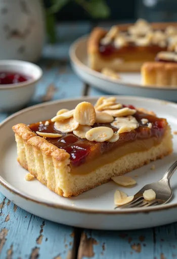 Bakewell tart s punjenjem od karamela, ukrašen bademima