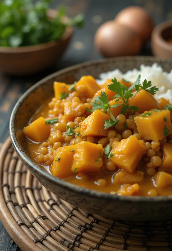 Curry od leće s batatom poslužen