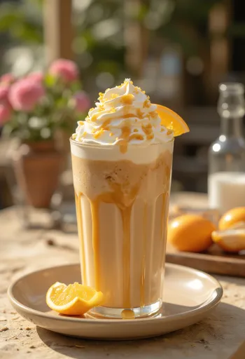 Frappé s narančom i karamelom ukrašen šlagom i koricom naranče