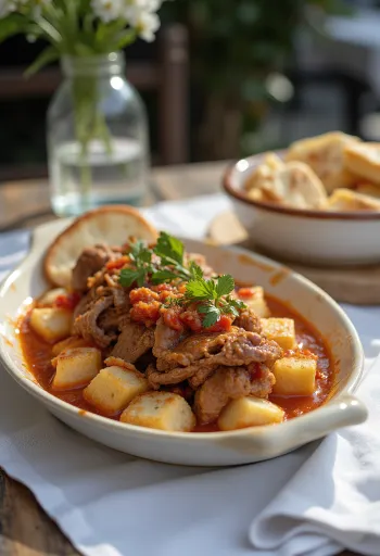 Kockice prepečenog pita kruha ispod mesa i umaka od rajčice