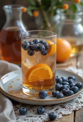 Cider s medom i borovnicama ukrašen kriškom naranče i borovnicama