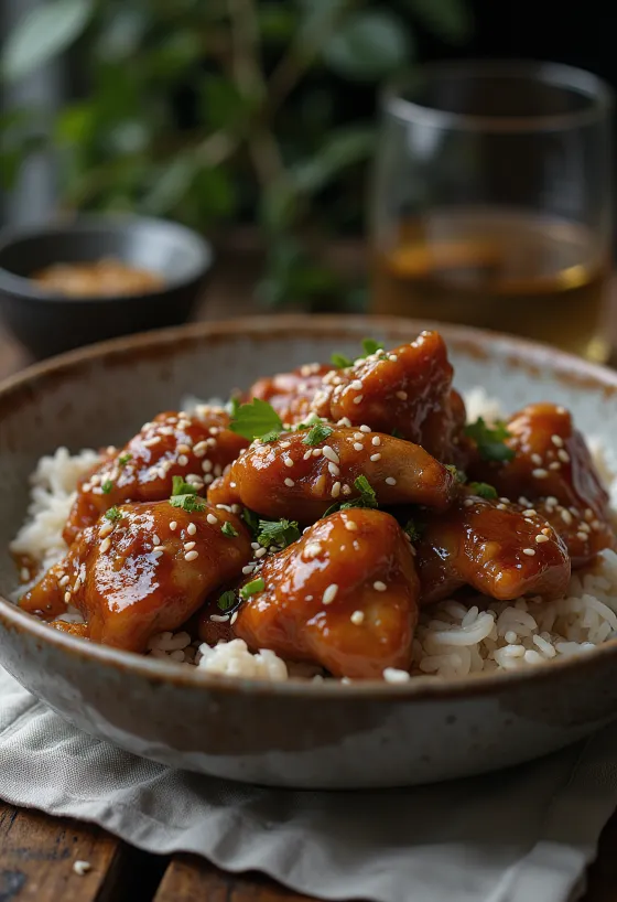Piletina s medom pečena do zlatno-smeđe boje, posuta sezamom i svježim začinskim biljem
