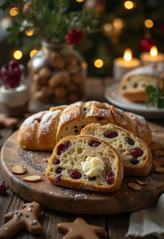 Stollen s medenjacima narezan na kriške, posut šećerom u prahu