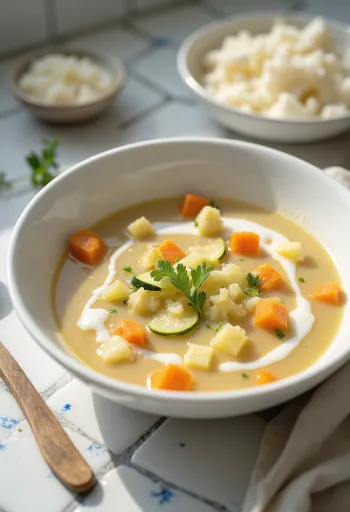 Prebiotička juha od povrća s kefirom, poslužena sa svježim peršinom