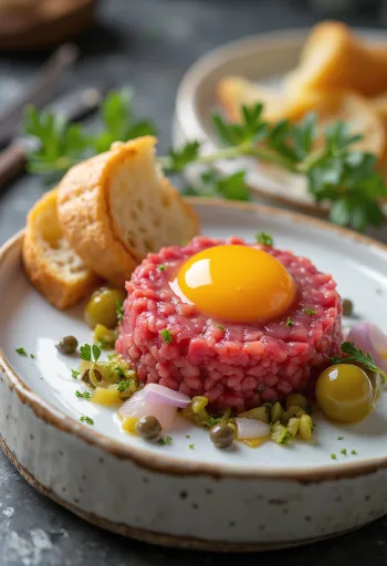 Steak Tartare poslužen sa žumanjkom i tostom