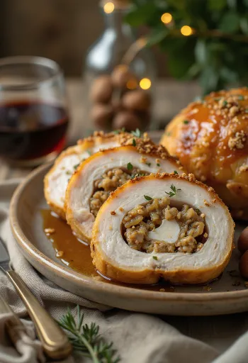 Sočne kriške purećih prsa punjene kestenom, servirane s povrćem.