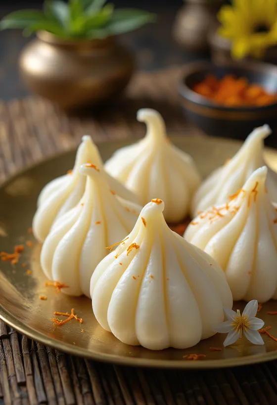 Mawa modak od kondenziranog mlijeka, punjen kokosovim mrvicama i bademima