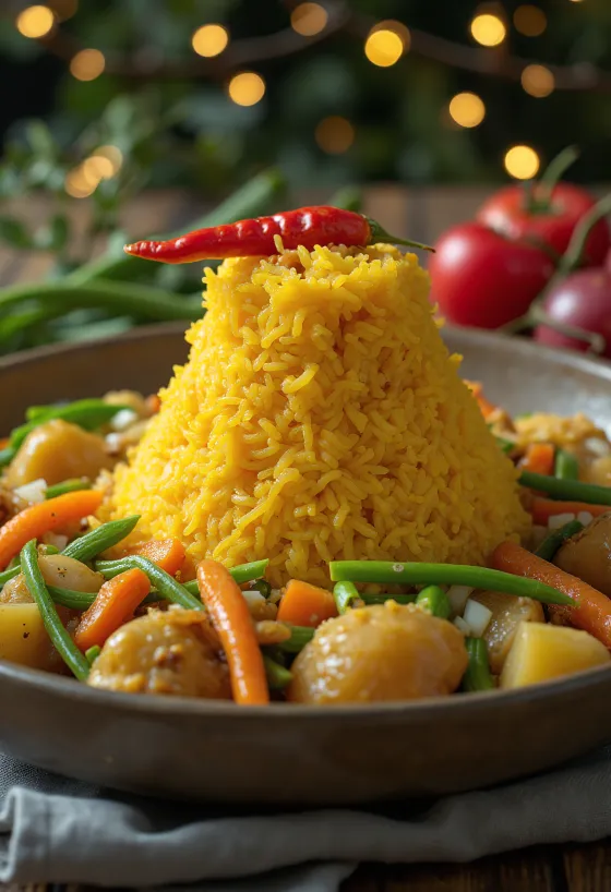 Tumpeng s povrćem, bogata riža s kokosovim mlijekom i svježim povrćem