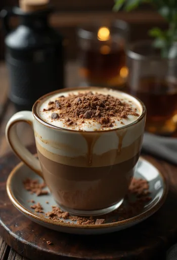 Medeno-čokoladni latte kremasto piće od kave ukrašeno tučenim vrhnjem i čokoladnim strugotinama