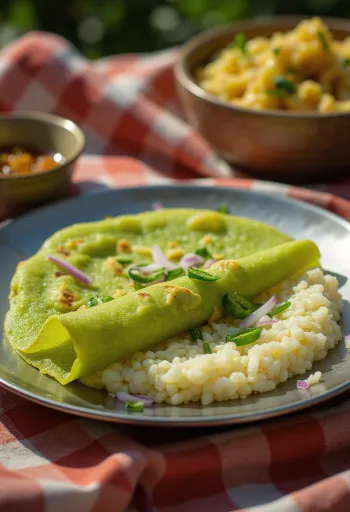 Pesarattu upma svježa, pečena do hrskavosti, poslužena sa začinjenim upma nadjevom