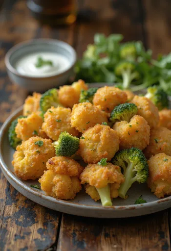 Hrskava pohana brokula pečena do zlatno-smeđe boje, servirana na tanjuru sa svježim kriškama limuna.