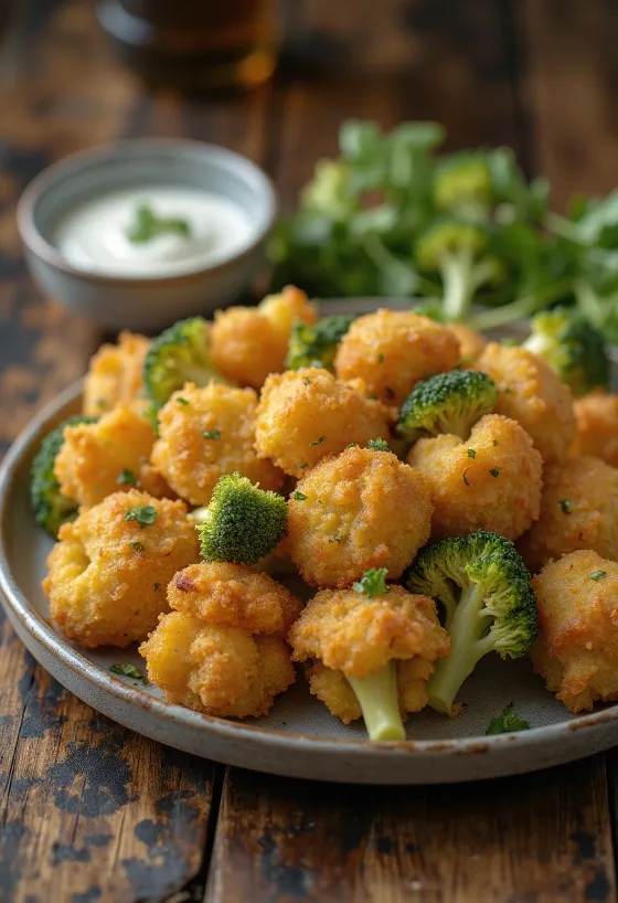 Hrskava pohana brokula pečena do zlatno-smeđe boje, servirana na tanjuru sa svježim kriškama limuna.