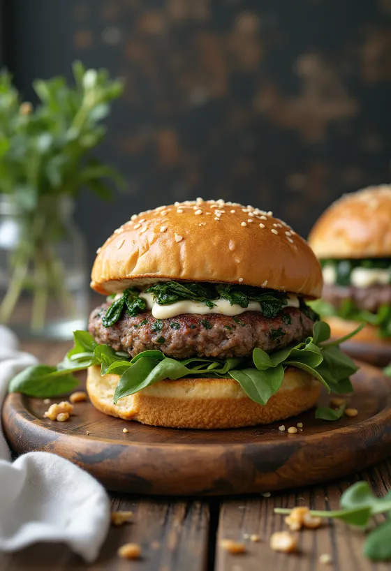 Burger sa špinatom i feta sirom sa sočnom pljeskavicom i preprženim špinatom