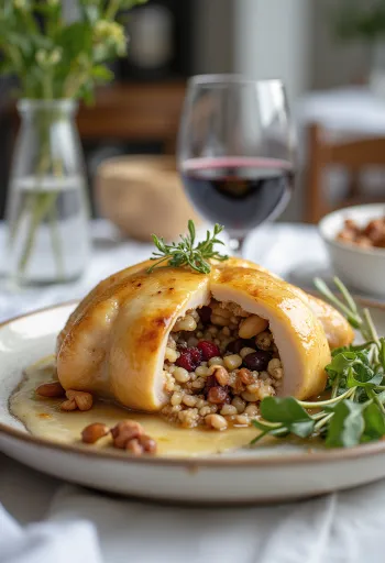 Punjena prepelica s divljom rižom poslužena na tanjuru