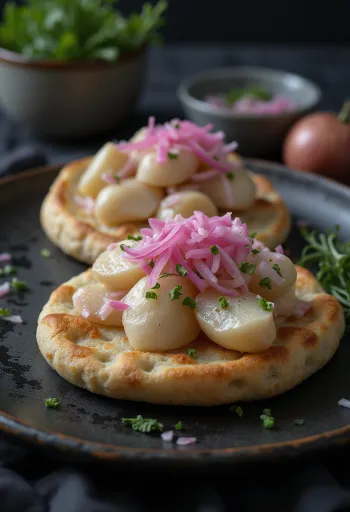 Surströmming s crvenim lukom, poslužen na svježem kruhu, začinjen korijanderom i sokom limuna