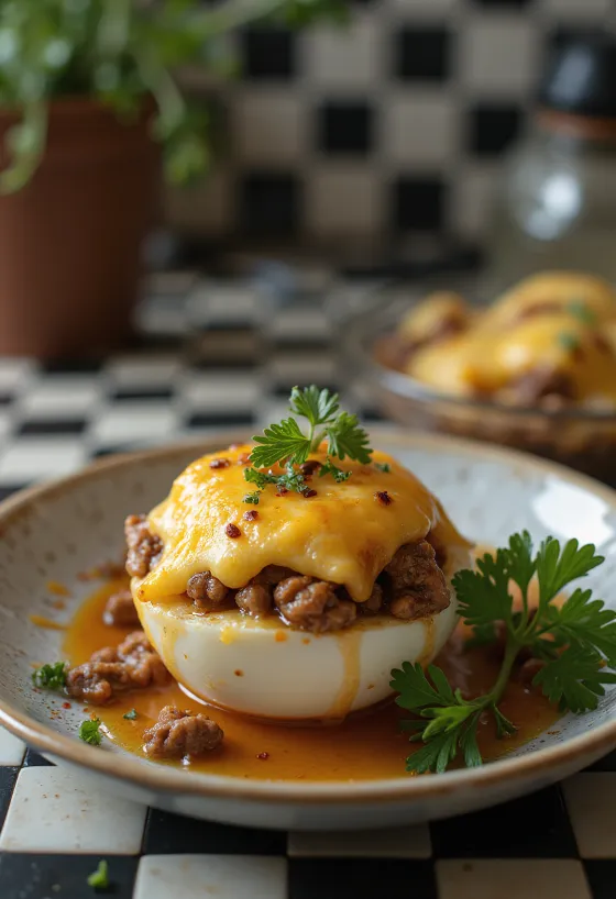 Punjeni patlidžan s hrskavim sirom na vrhu, posut svježim začinskim biljem