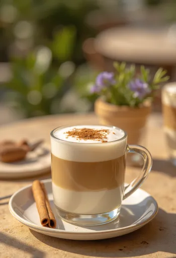 Cimet-menta latte piće od kave ukrašeno štapićem cimeta i mentom