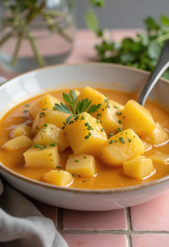 Klasično varivo od krumpira zgusnuto kiselim vrhnjem i ukrašeno svježim peršinom.