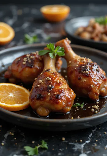 Pečena patka u glazuri od meda, servirana s kriškama naranče i ružmarinom
