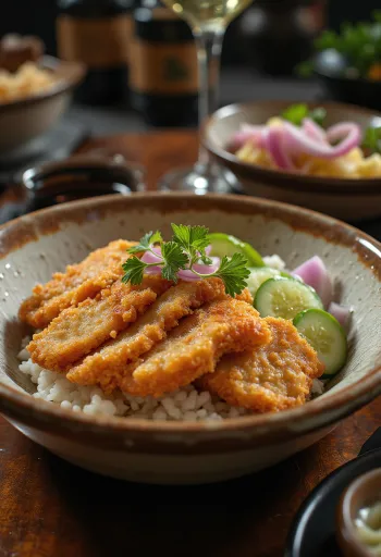 Tonkatsu zdjela s krastavcima i sjemenkama sezama, ukrašena svježim korijanderom
